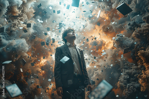 businessman is at the center of explosion, surrounded by flying laptops and smartphones, dark blue background, overworking