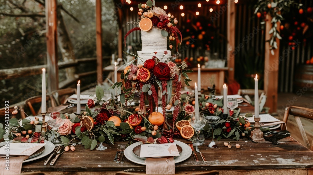 a table topped with a tall white cake surrounded by greenery and oranges on top of a wooden table.