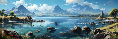 Majestic Mountainous Landscape with Serene Lake, anime background illustration