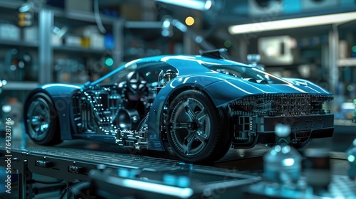 Holographic Blue Car Model Showcasing Layered Complexity and Intel Core Technology in a Lab Setting © Sittichok