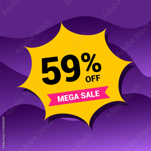59% sale badge vector illustration on a purple gradient background. Fifty nine percent price tag. Yellow and purple.