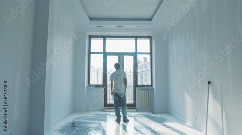An individual stands in contemplation in a spacious  sunlit room  symbolizing new beginnings or contemplation