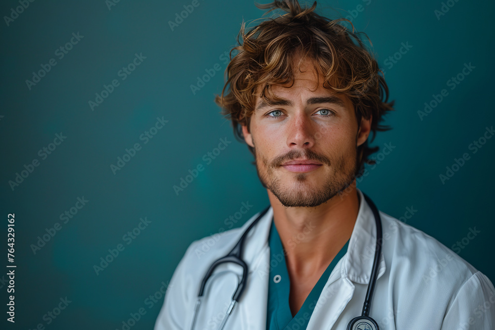 Young caucasian male doctor wearing a white coat and stethoscope, blue background Young caucasian male doctor wearing a white coat and stethoscope, blue background