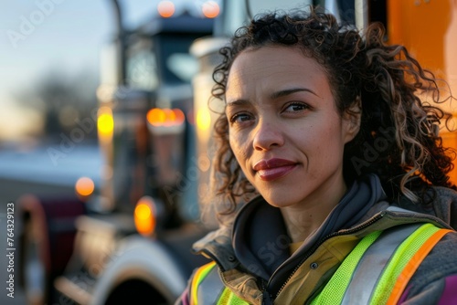 A mixed-race female trucker stands confidently in front of her vehicle at sunset