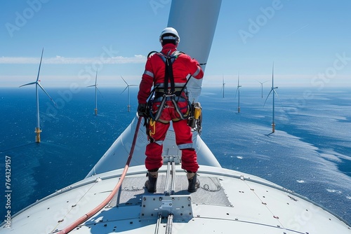 A technician in a red safety suit stands on top of a massive wind turbine overlooking the sea photo