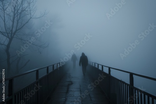 A haunting scene of two silhouettes walking on a foggy bridge, evoking mystery and solitude photo
