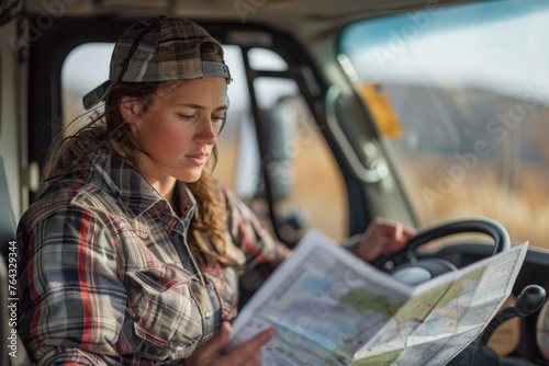 Young female driver checking a map in the driver's seat of a vehicle, looking focused