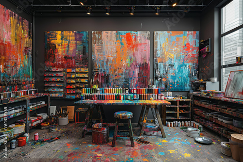 A vibrant art studio filled with canvases, paints, and brushes, where the creative process unfolds in a whirlwind of colors. Concept of artistic expression and creativity. Generative Ai. photo