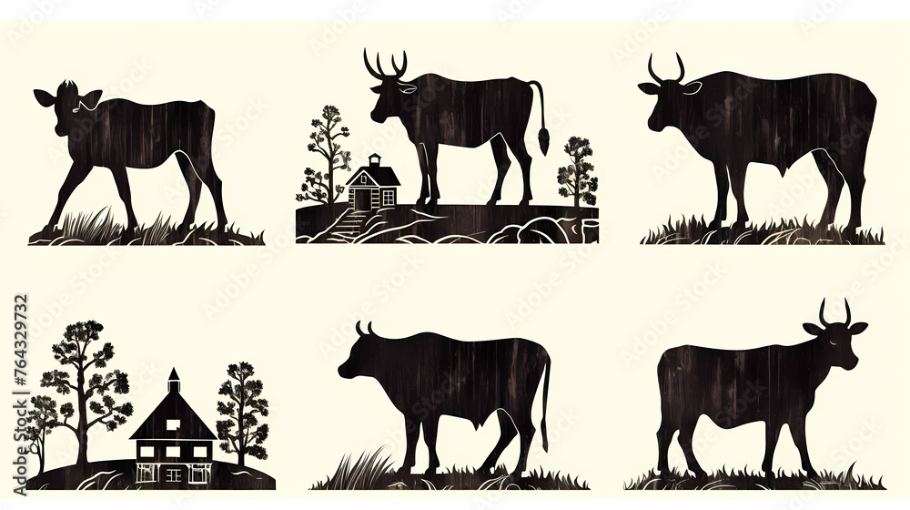 set of silhouette cow, vintage grunge logo