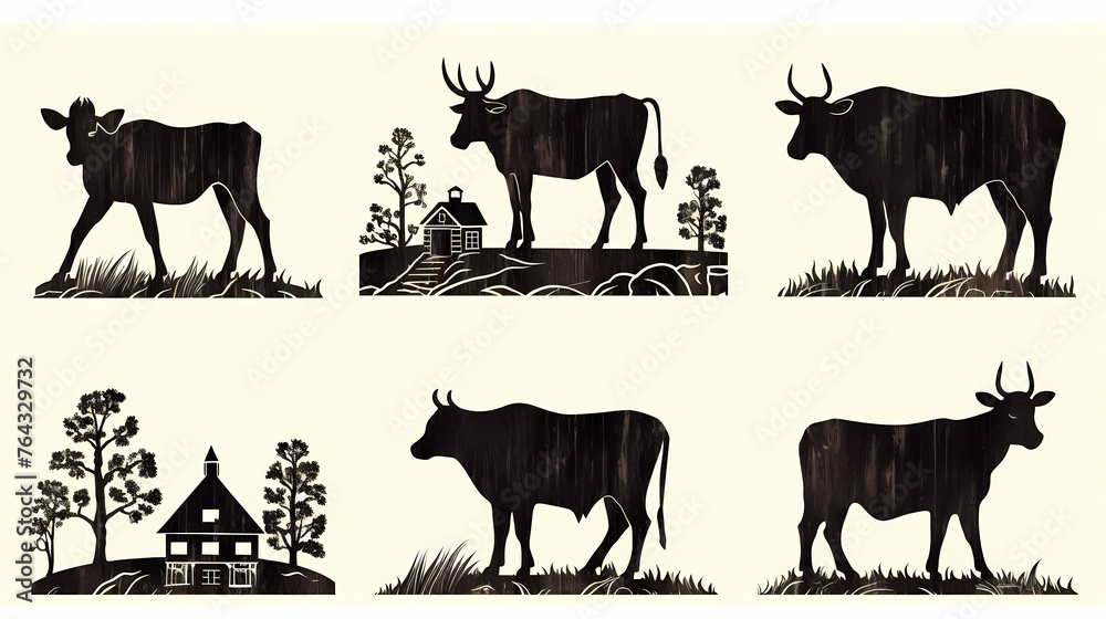 Obraz premium set of silhouette cow, vintage grunge logo