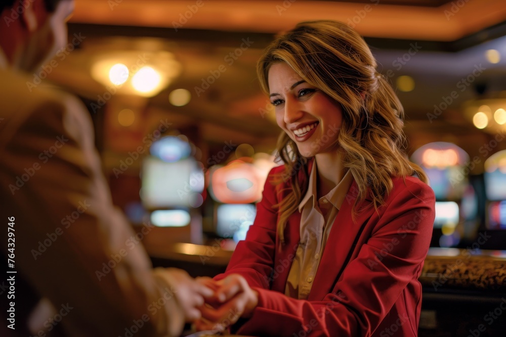 Smiling woman in a red suit shaking hands with a person at a luxurious casino setting