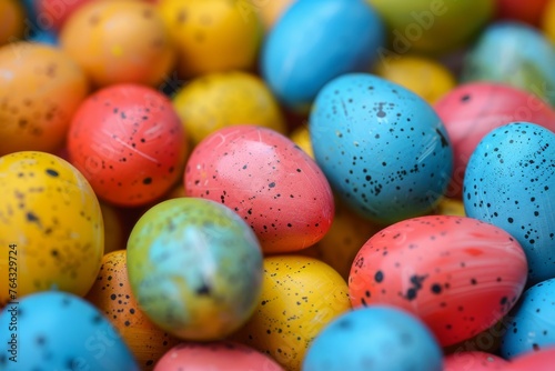 A vibrant array of speckled Easter eggs laying together, creating a joyful and festive holiday mood