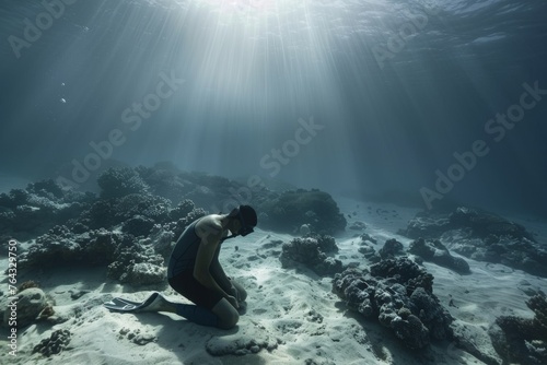 A diver is shown kneeling in a stunning underwater landscape, bathed in ethereal sunlight filtering through the water photo