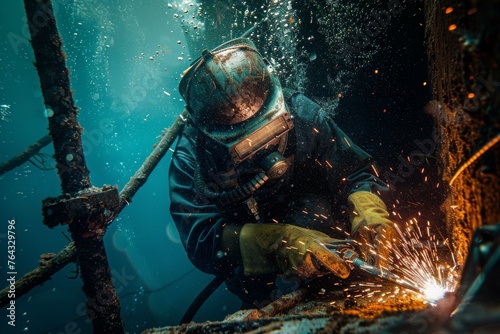 In dim underwater light, a welder concentrates intently amid a dynamic scene of bubbles and sparks