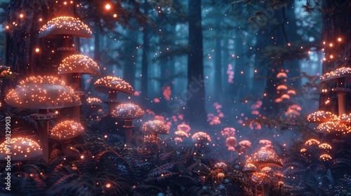 Bioluminescent Fungi Forest: Enchanted Travelers Pursue the Mysterious Wishing Creature's Song