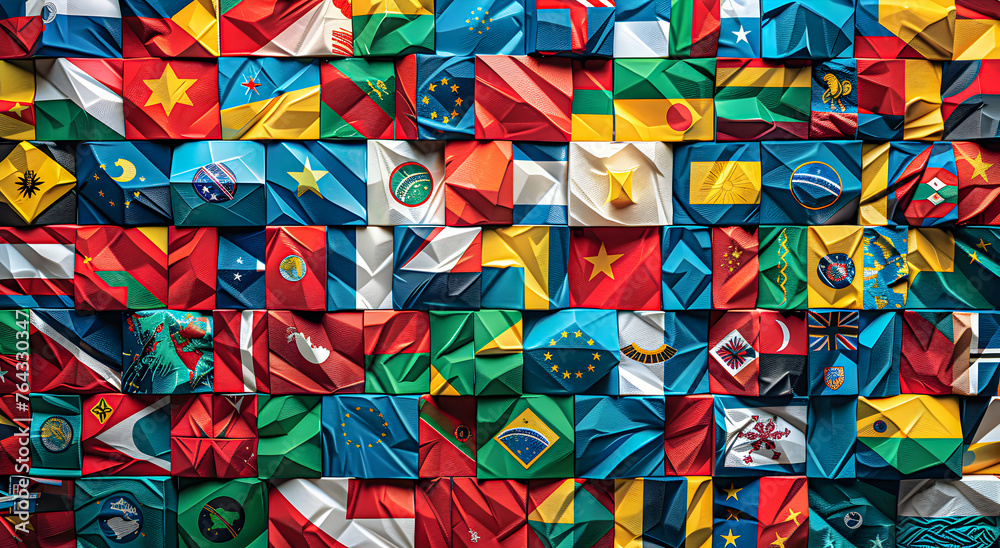 Colorful collage of flags of different countries of the world. - obrazy, fototapety, plakaty 