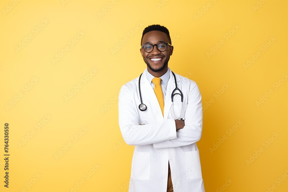 Young black male doctor wearing a white coat and stethoscope, yellow background Young black male doctor wearing a white coat and stethoscope, yellow background