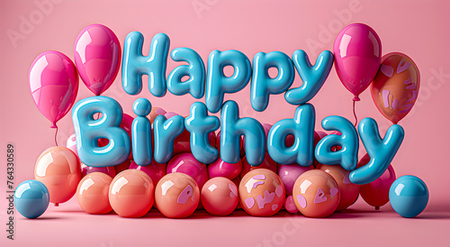 Colorful 3d render of the word "Happy Birthday"