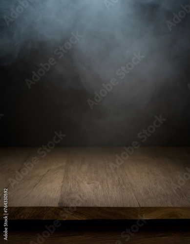 empty wooden table with smoke on dark background, mock up for display your products , copy space