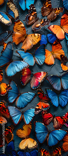 Multicolored butterflies on background. Collection of insects abstract