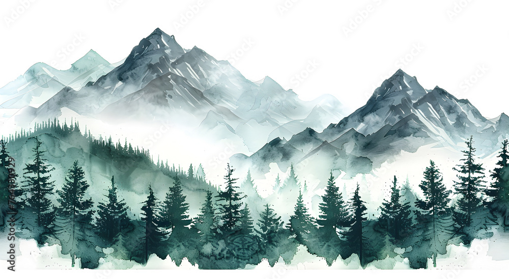 Fototapeta premium Greens watercolor color watercolor abstract brush painting art beautiful mountains, peak with spruce trees.