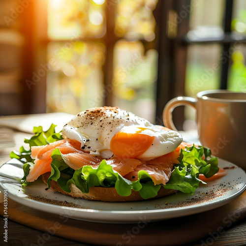  Elegant Salmon Eggs Benedict Poached egg on salmon and toast, elegant dining. © milanchikov