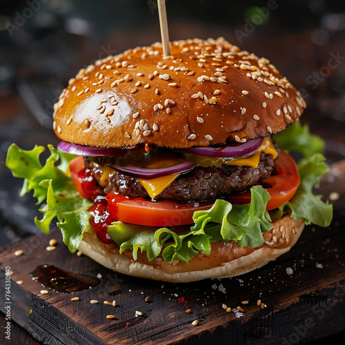 Classic Cheeseburger on Wooden Board Gourmet burger with cheese and sesame bun. © milanchikov