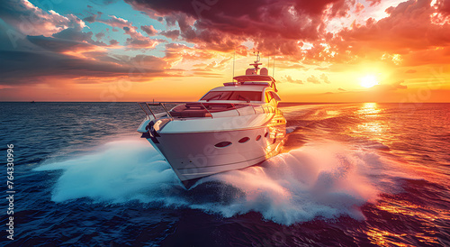 A yacht rushing in the ocean during sunset.