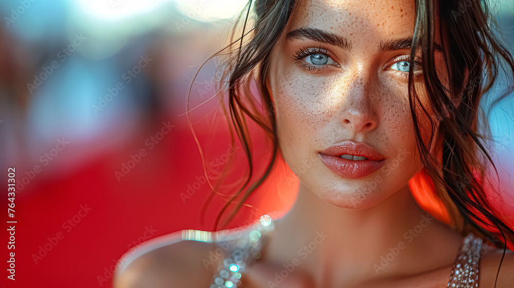 Close up portrait of a beautiful young woman with blue eyes on red carpet