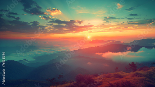 panoramic view of colorful sunrise in mountains