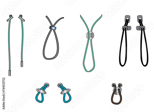 drawstring cord stopper flat sketch,vector illustration.Set of drawstring