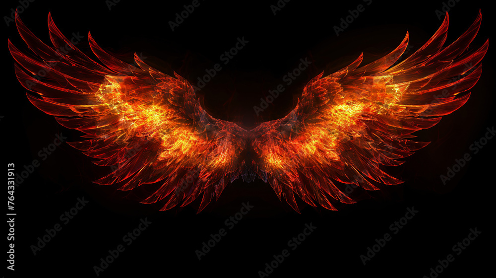 a pair of majestic wings, ablaze with the wild intensity of fire, set against a dark background  for creative design projects	 - obrazy, fototapety, plakaty 