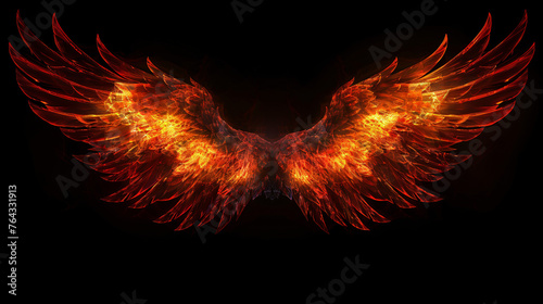 a pair of majestic wings, ablaze with the wild intensity of fire, set against a dark background for creative design projects 