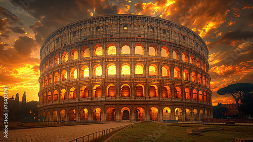 The Colosseum in Rome, Italy at sunset with dramatic sky