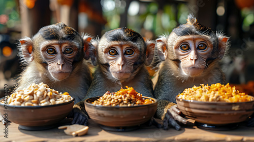 Monkey Buffet Festival. Monkeys are feeding at the table.  photo