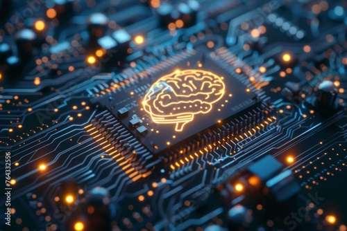 Intricate electronic circuit board with glowing brain symbol, artificial intelligence concept