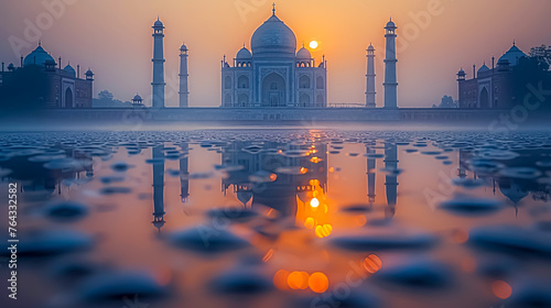 The Taj Mahal at sunrise in Agra, Uttar Pradesh, India. photo