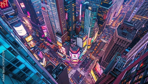 An aerial view of the bustling cityscape at night, showcasing towering skyscrapers and busy streets The photo captures the energy and vibrancy of urban life Generative AI