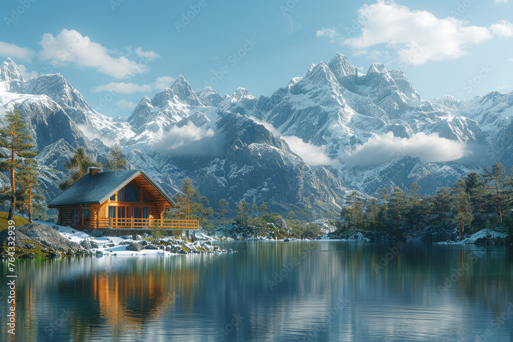 A cozy cabin perched on the edge of a crystal-clear lake, offering panoramic views of the surrounding mountains. Concept of a lakeside retreat in spring. Generative Ai.