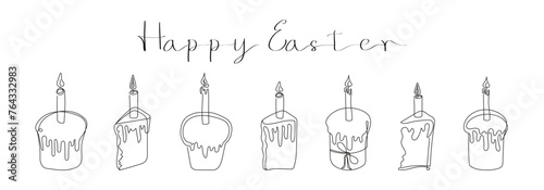 Set of Easter Kulich cakes with lit candles. Happy Easter greeting text.  Continuous one line drawing of cupcakes, birthday cakes. Vector isolated on white. Design elements for print and greetings.