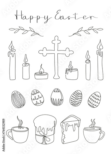 Easter card with Happy Easter greeting. Easter Set in continuous one line style with design elements like Easter cakes, eggs, cross, candles, steaming mugs, plants. Black and white vector on white