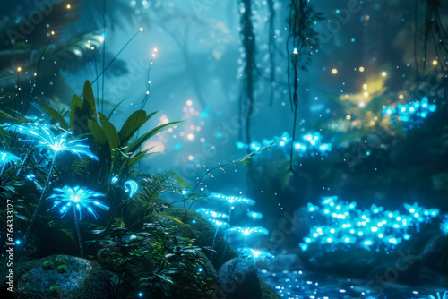 Enchanted Forest with Bioluminescent Plants and Mystical Fog in a Fantasy Setting