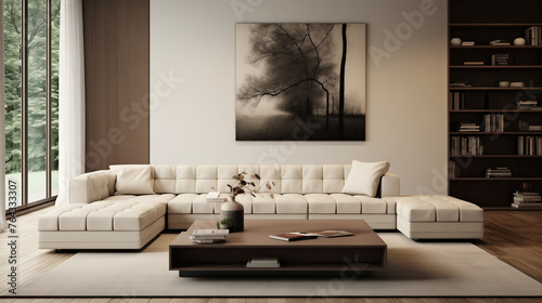 Modern living room interior with large sectional sofa  coffee table  books  and plants.