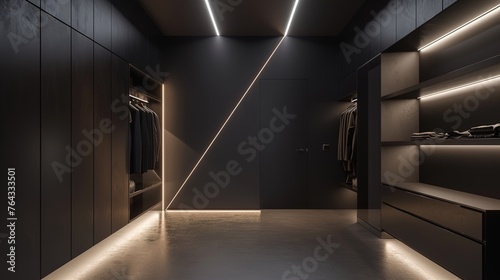 A dressing room with a modern style, featuring a black dresser with a sleek, geometric pattern and a built-in LED light strip