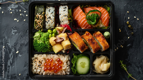 black bento box with an assortment of delicious and colorful Japanese food items, isolated on black background