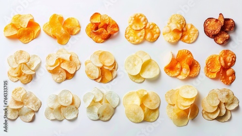 A large amount of neatly organized potato chips are displayed on a white background.