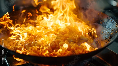 A wok full of food on fire in a stove top, AI