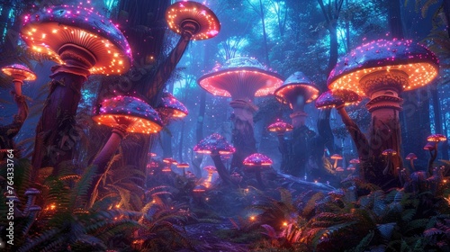 Bioluminescent Forest Gathering: Travelers Feast Among Phosphorescent Mushrooms in a Hidden Banquet Hall