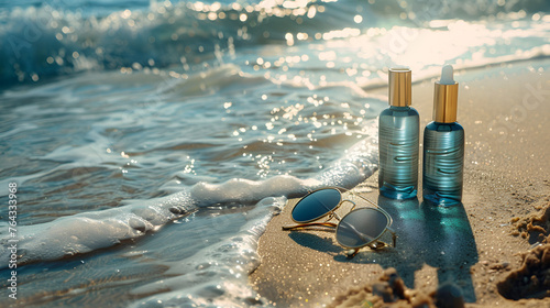 Sun Care Products Lotion and Sunglasses on the Beach