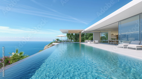 A modern luxury home's infinity pool merges seamlessly with the azure sea © alex